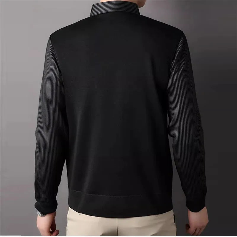 Men's Winter Fleece Knit Sweater - Smart Casual Layered Collar Pullover