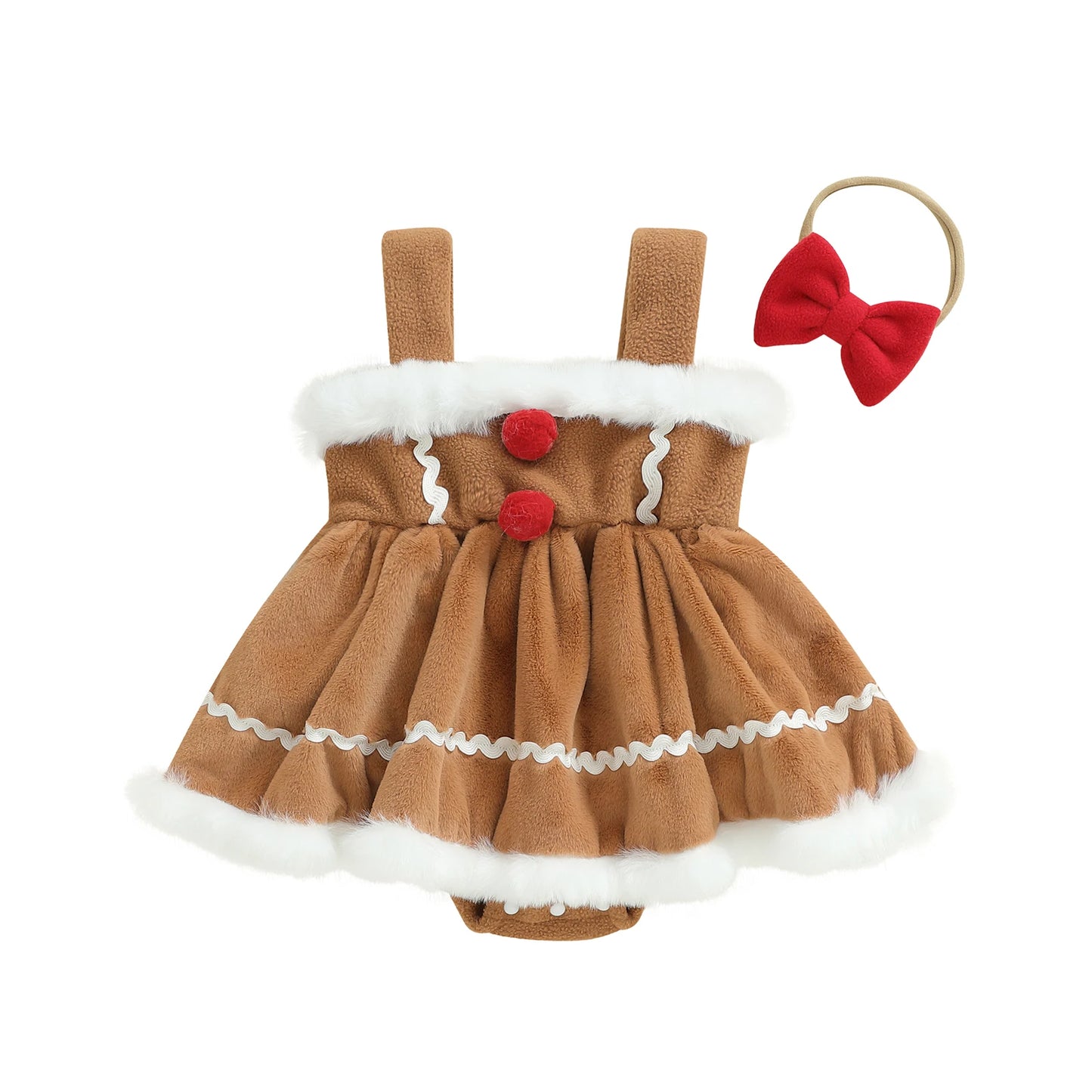 Baby Girls Princess Christmas Romper Dress with Bow Headband - Gingerbread Design