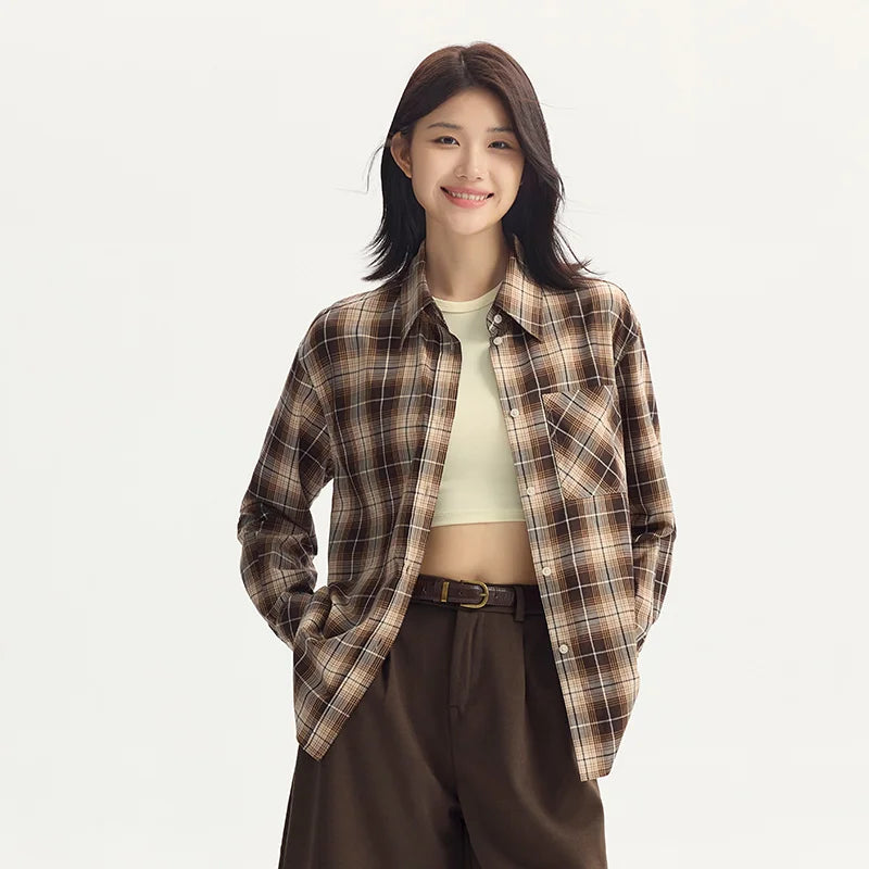 Oversized Drop Shoulder Plaid Shirt Loose Retro Casual Stylish Top