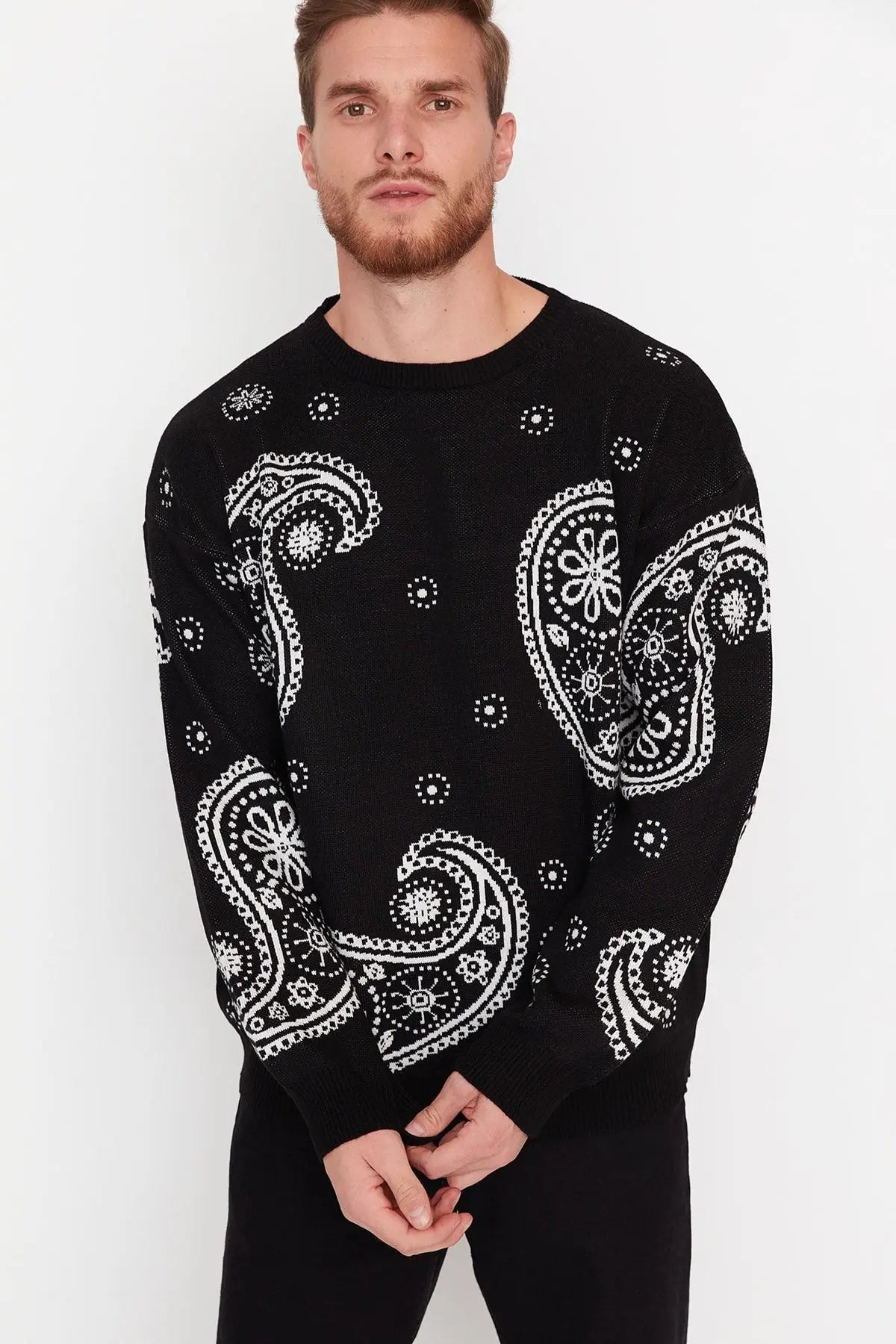 Men's Pullover Oversize Standard Sleeve Paisley Crew Neck Knitwear Unprinted Sweater