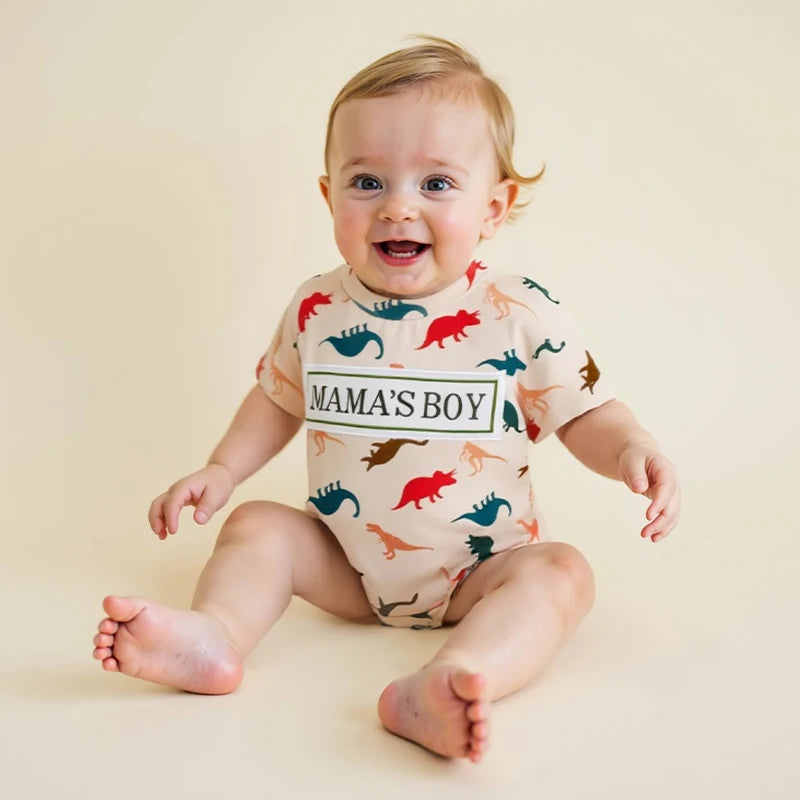 Baby Boys Dinosaur Romper - Letter Embroidery Short Sleeve Bodysuit (0-18M)