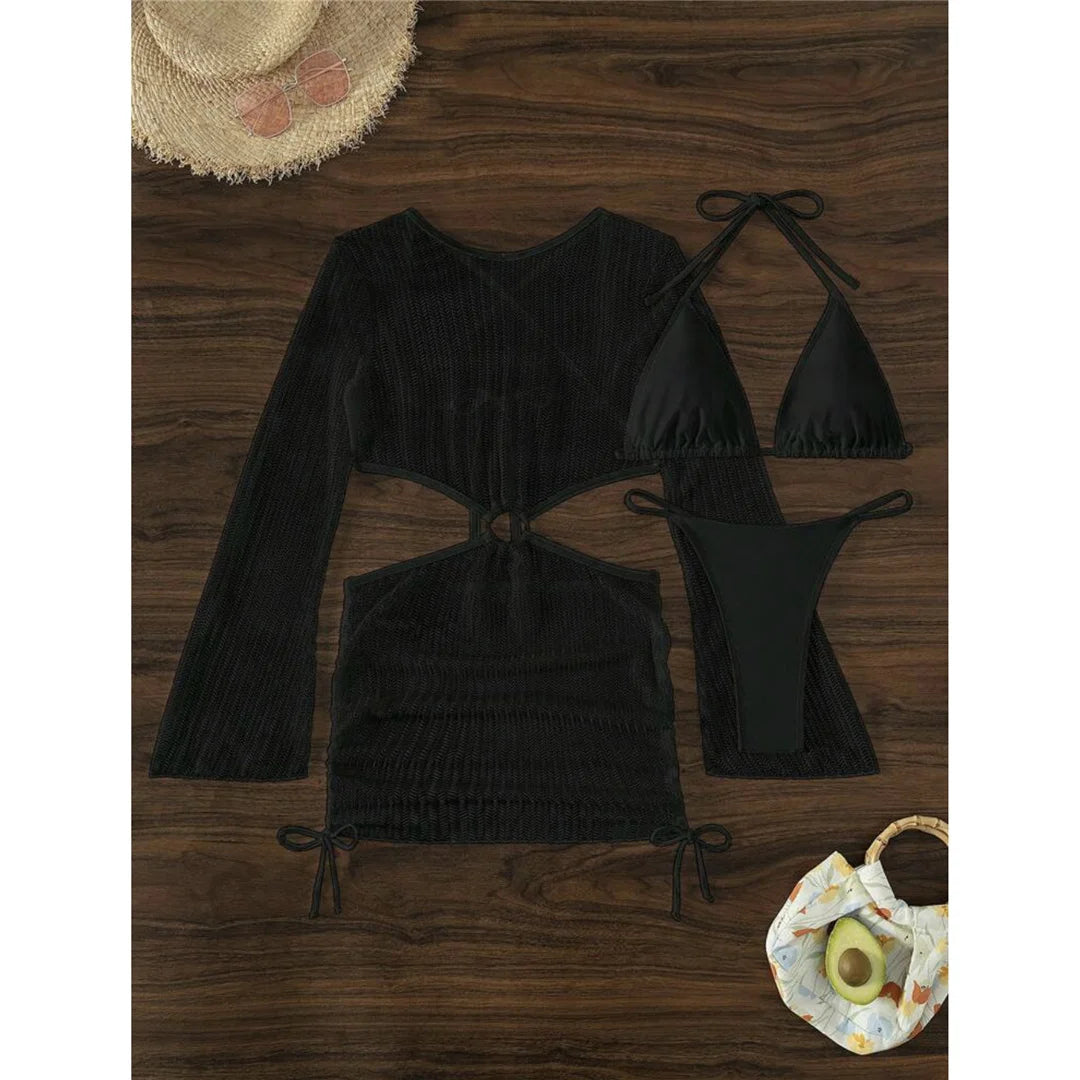 Women's Halter Bikini Set with Long Sleeve Cover-Up | Three-Piece Wire-Free Padded Swimwear