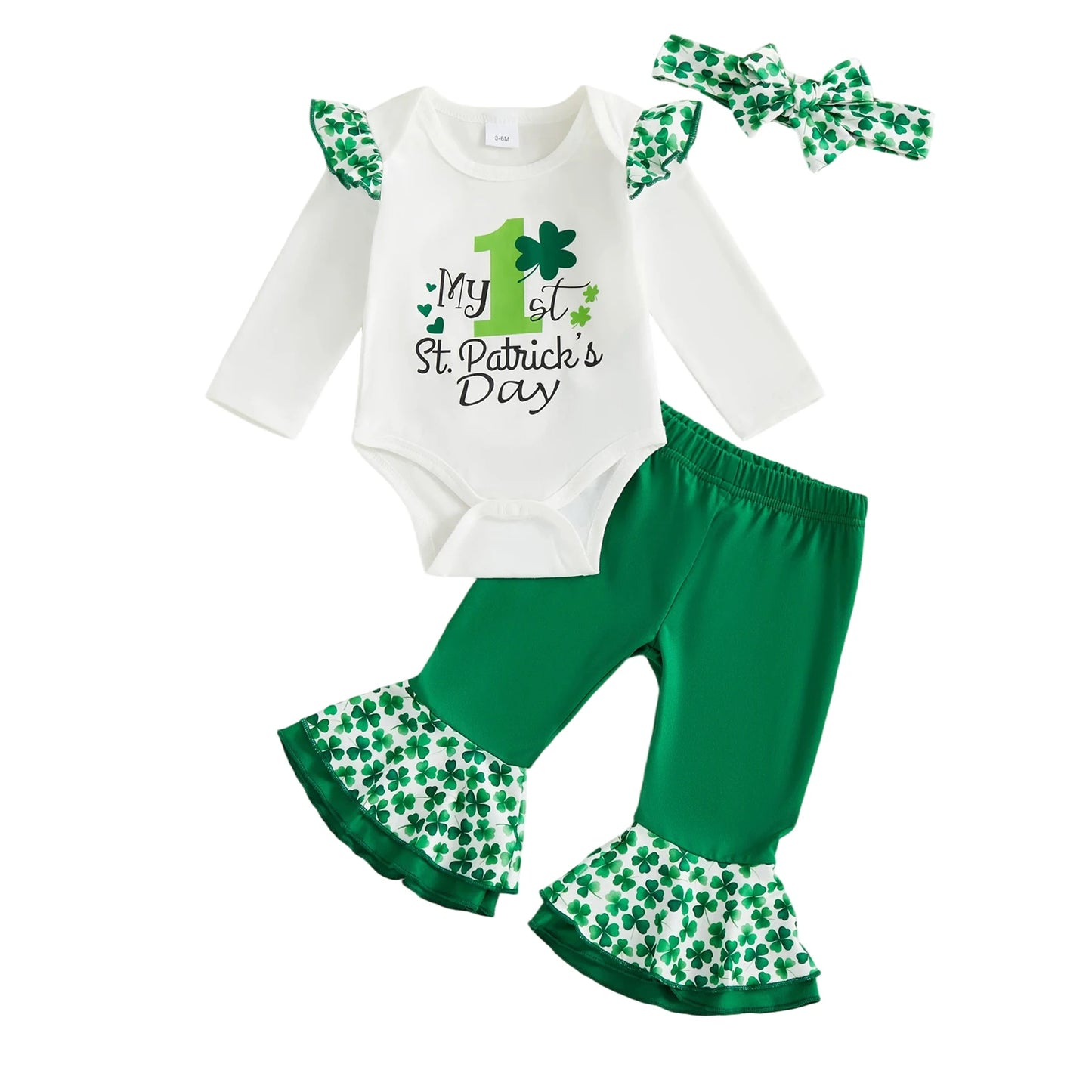 Baby Girls Boys Clover Print Outfit Set - Long Sleeve Romper with Flare Pants & Headband 0-18M
