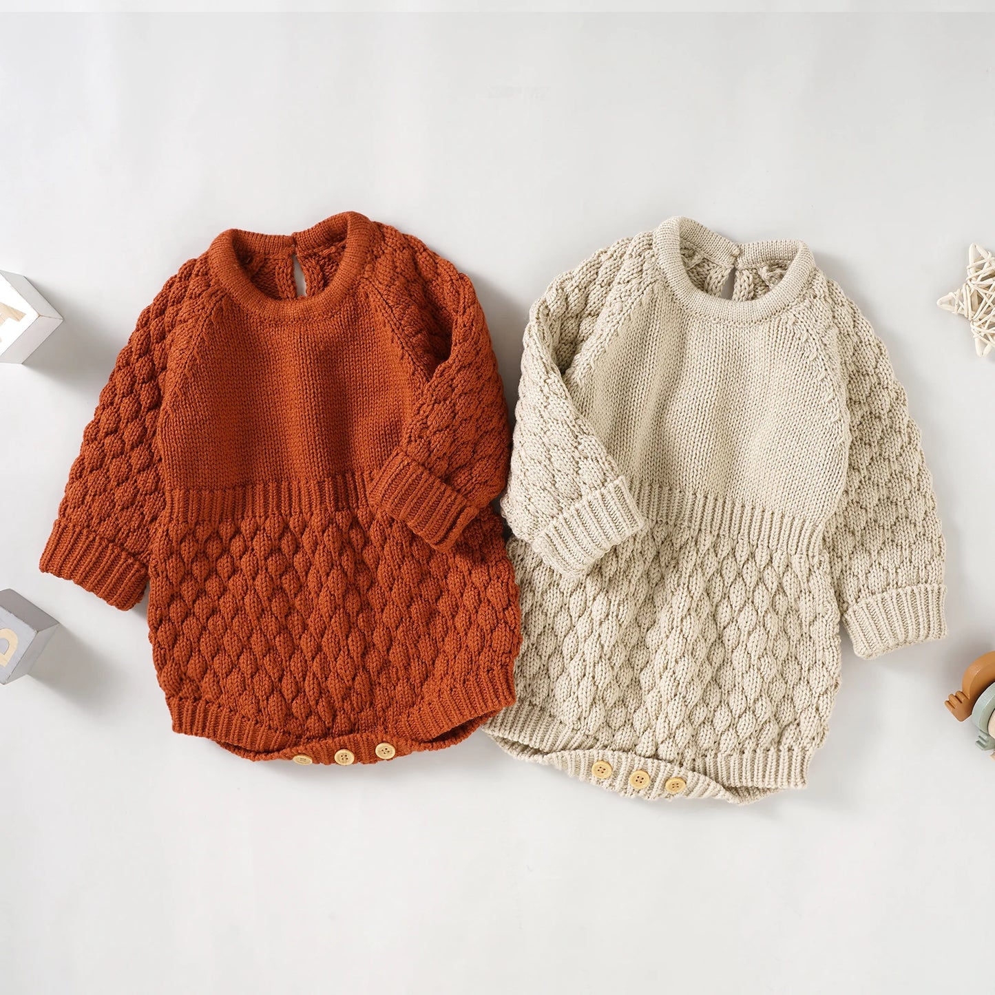 Baby Sweater Romper - Solid Knitted Long Sleeve Warm Jumpsuit