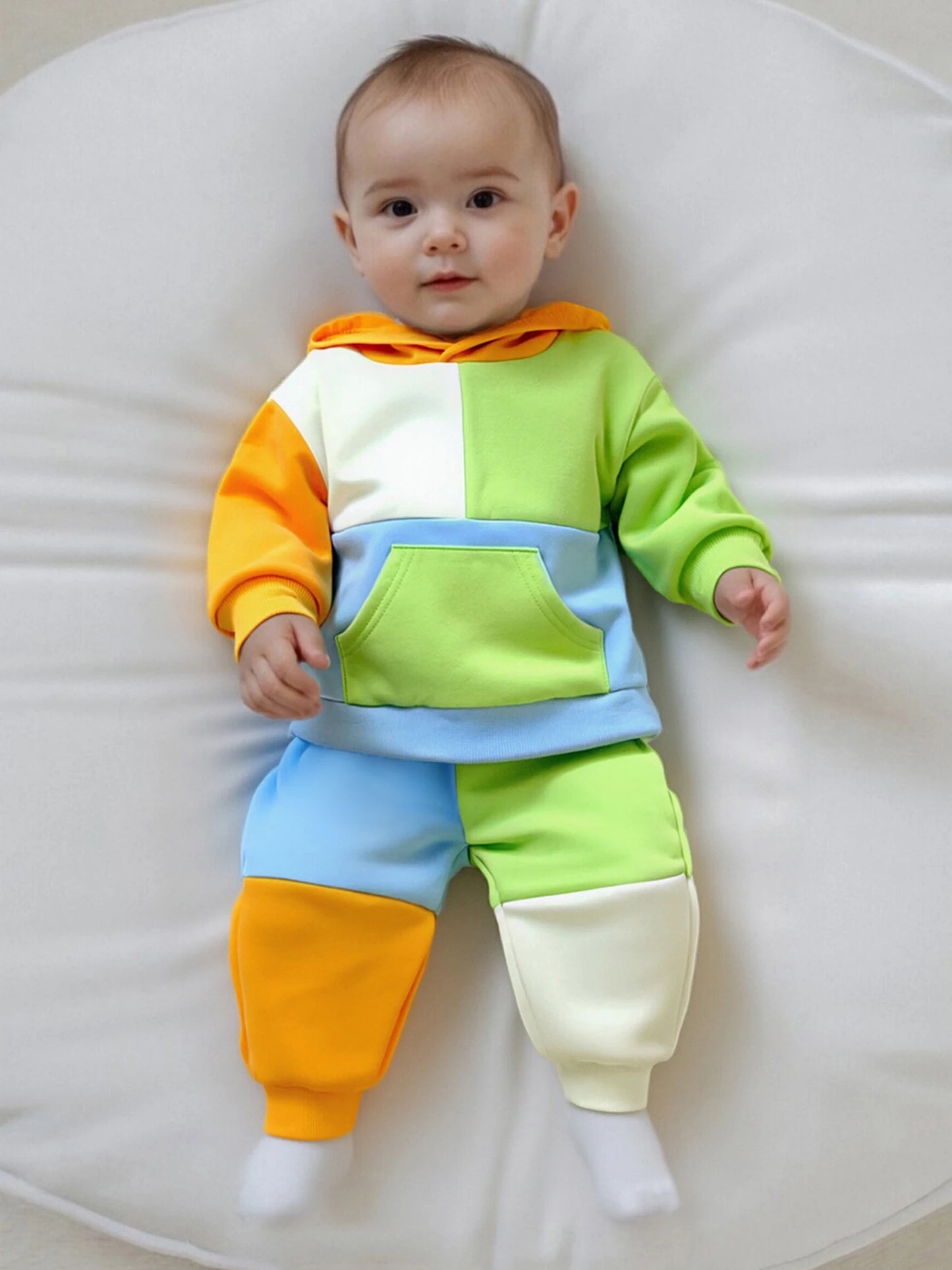 Kids Patchwork Hoodie and Pants Set - Casual Long Sleeve 2-Piece Outfit for Autumn Winter