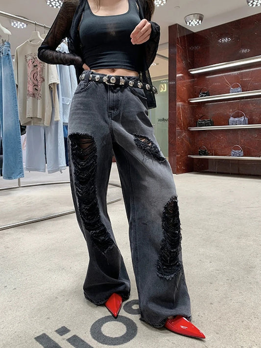 Women's Solid Hollow Out Denim Pants - High Waist Patchwork Button Wide Leg Jeans