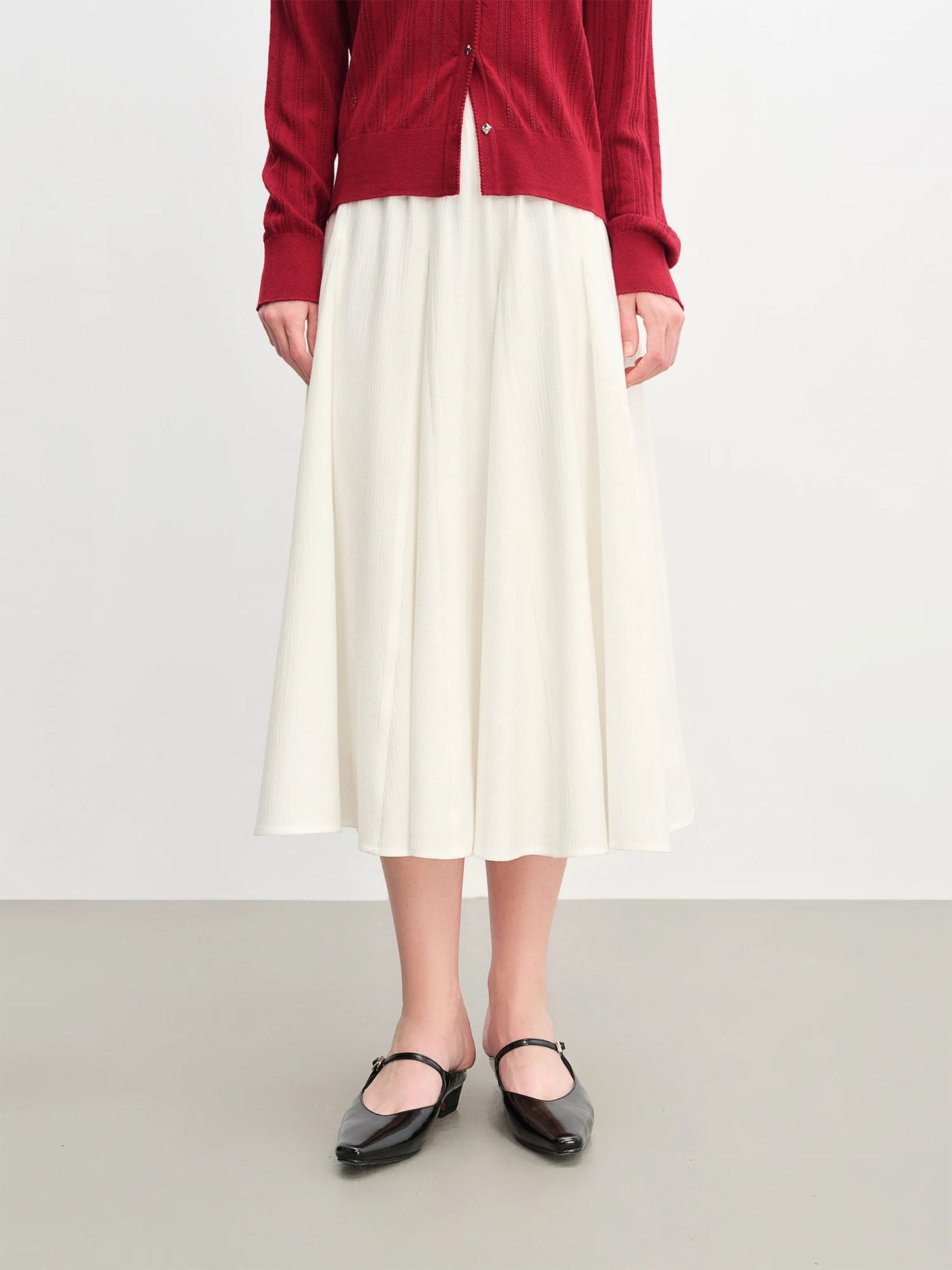 Pleated A-Line Midi Skirt - Textured White Long Skirt