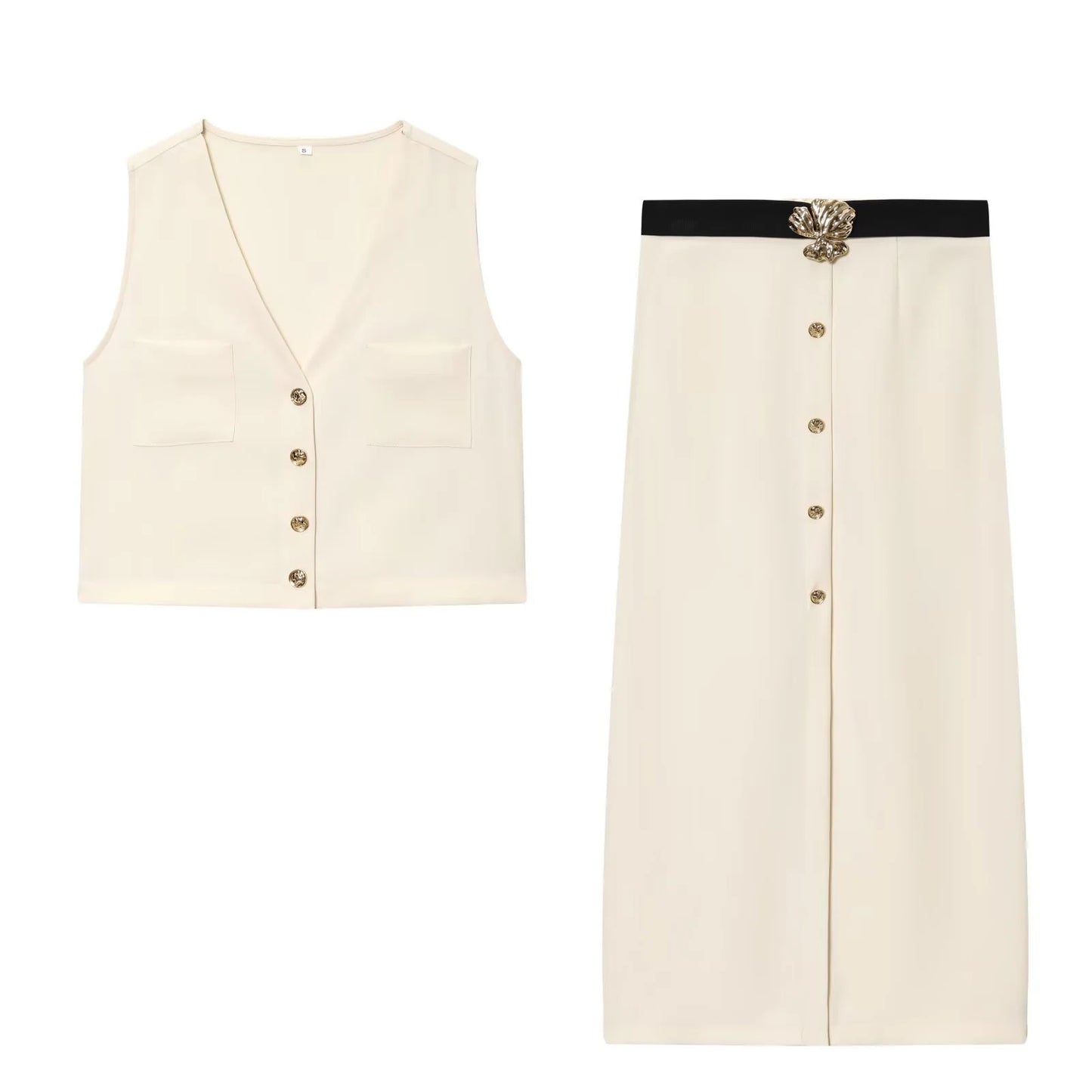 Women's Crepe Silk V-Neck Sleeveless Top & High Waisted Midi Skirt Set