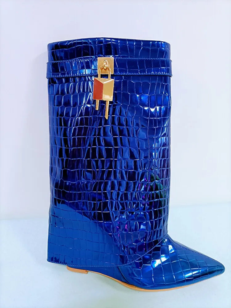 Women's Wedge Leather Mid-Calf Boots - 10cm Heel Metal Buckle Boots