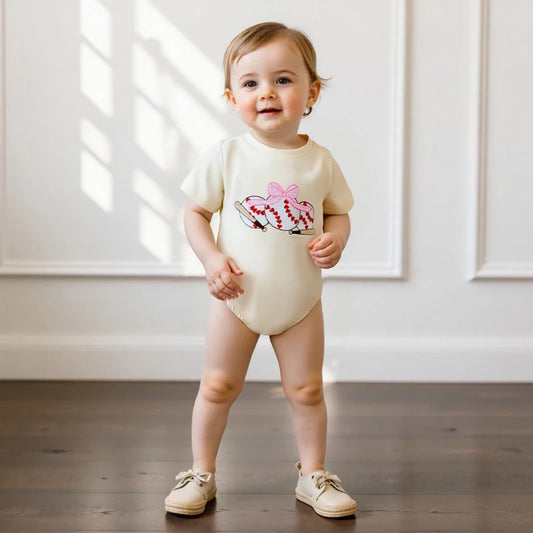 Baby Girls Boys Summer Romper Short Sleeve Round Neck Bow Baseball Embroidery Bodysuit Jumpsuit Babygrow