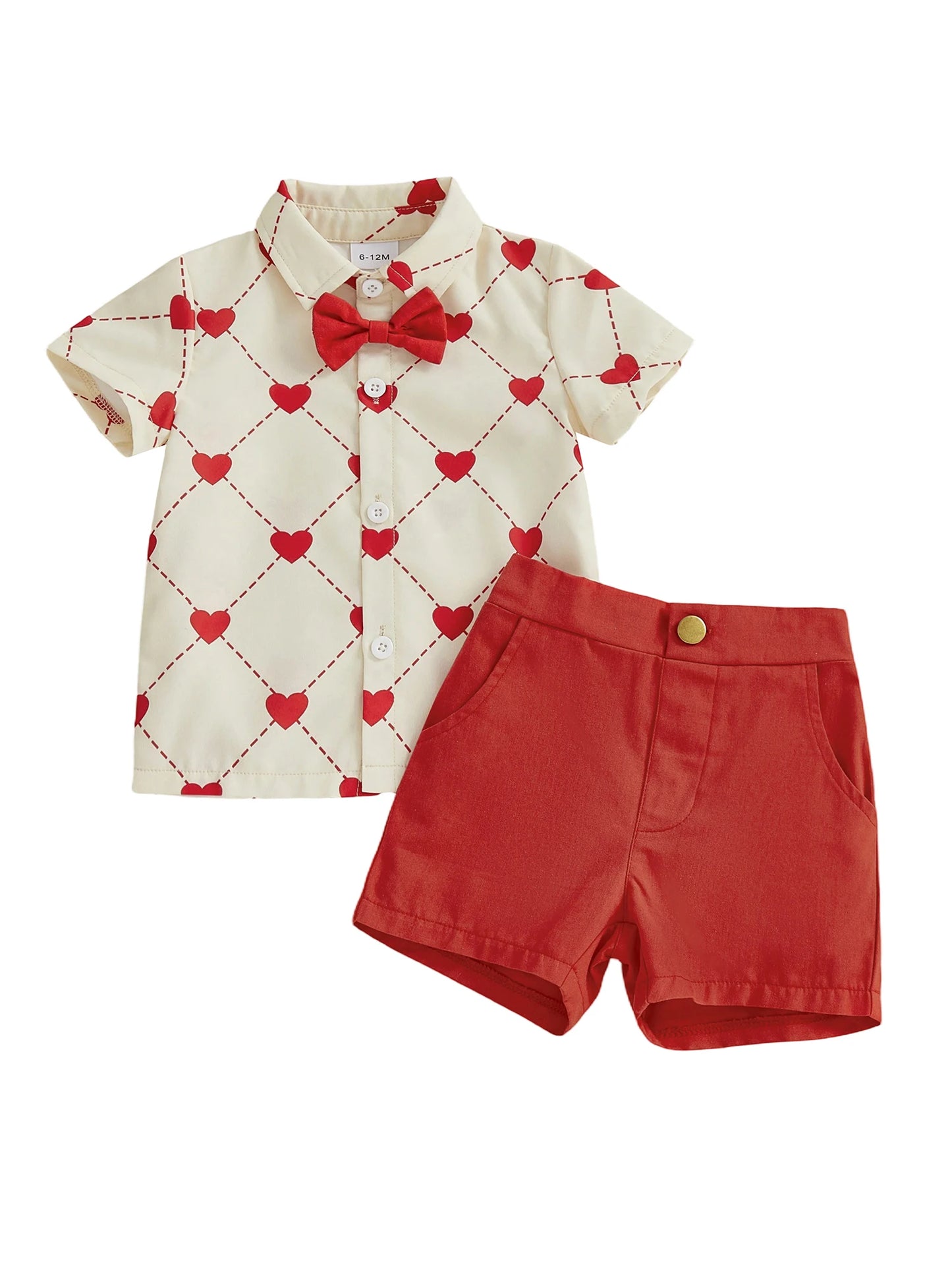 Valentine's Day Baby Boy Outfit Set - Heart Print Bowtie Shirt & Solid Shorts
