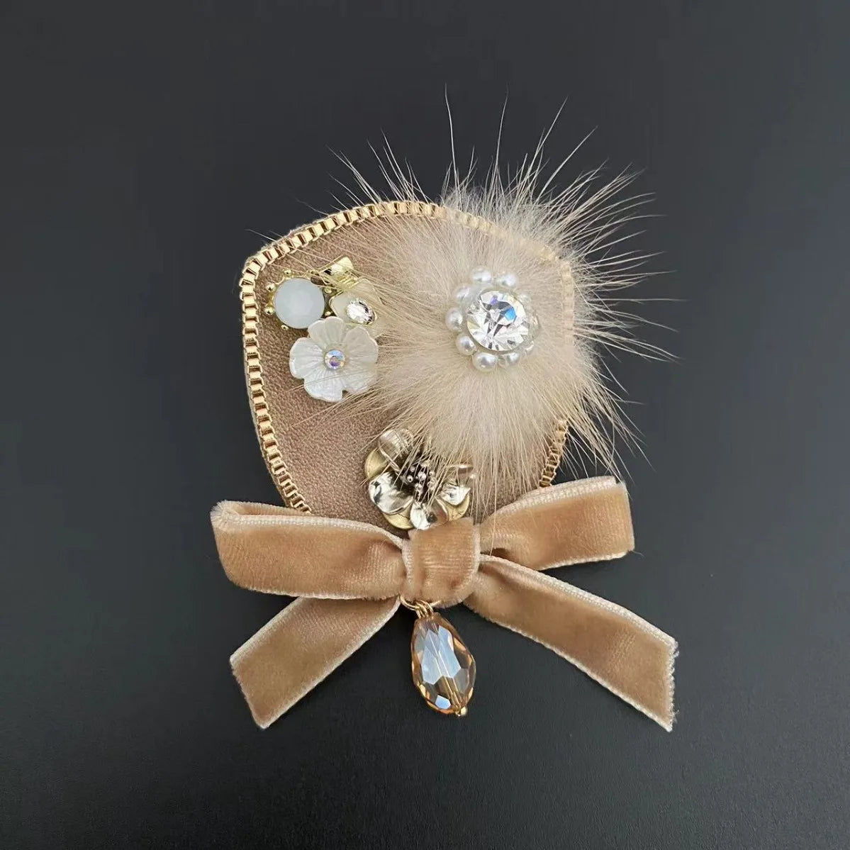 Women's Rhinestone Pearl Bow Brooches Fabric Flower Badge High-end Fixed Lapel Pins