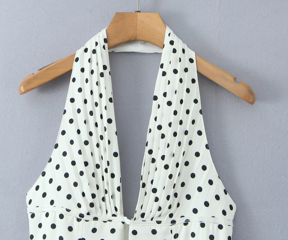 Polka Dot Halter Mini Dress - Deep V Backless A-Line Dress