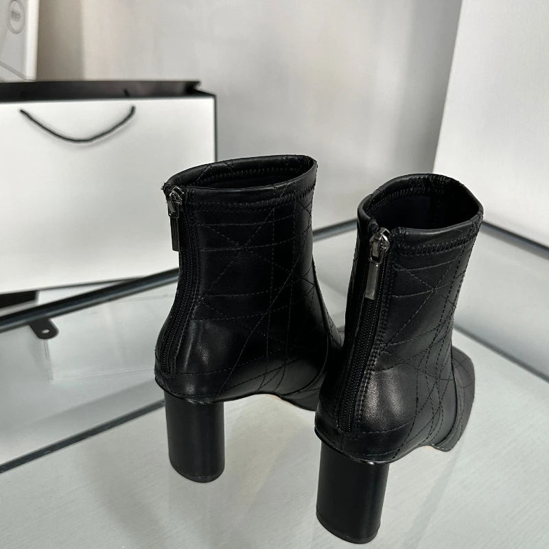 Retro Checkered Ankle Boots - Round Heel with Back Zipper