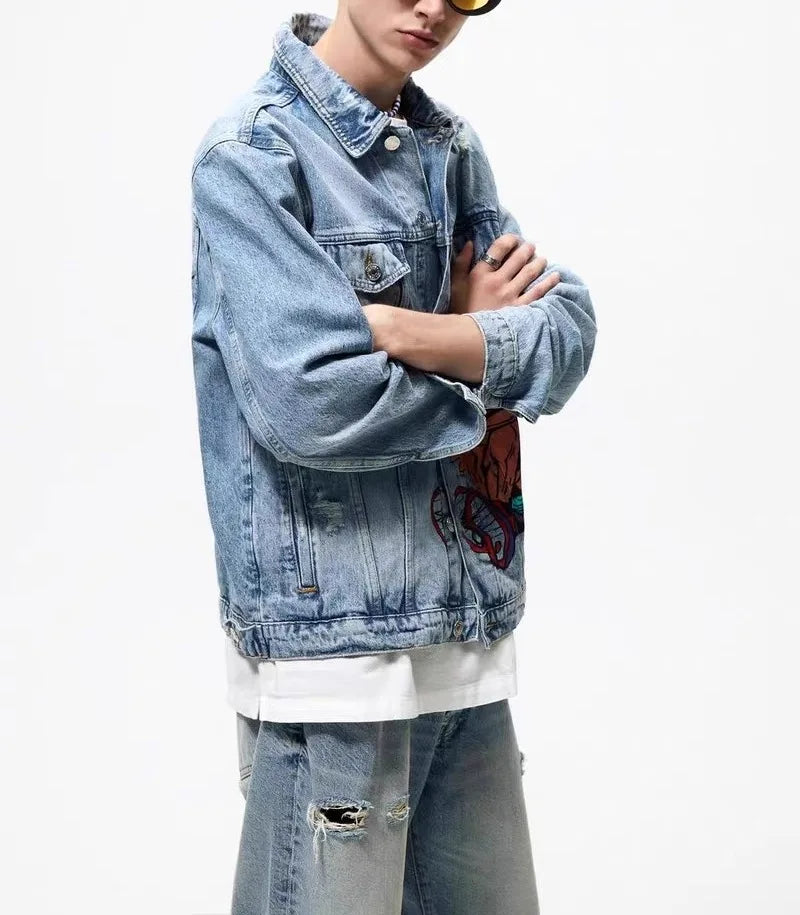 Men's Spring and Autumn Print Denim Jacket