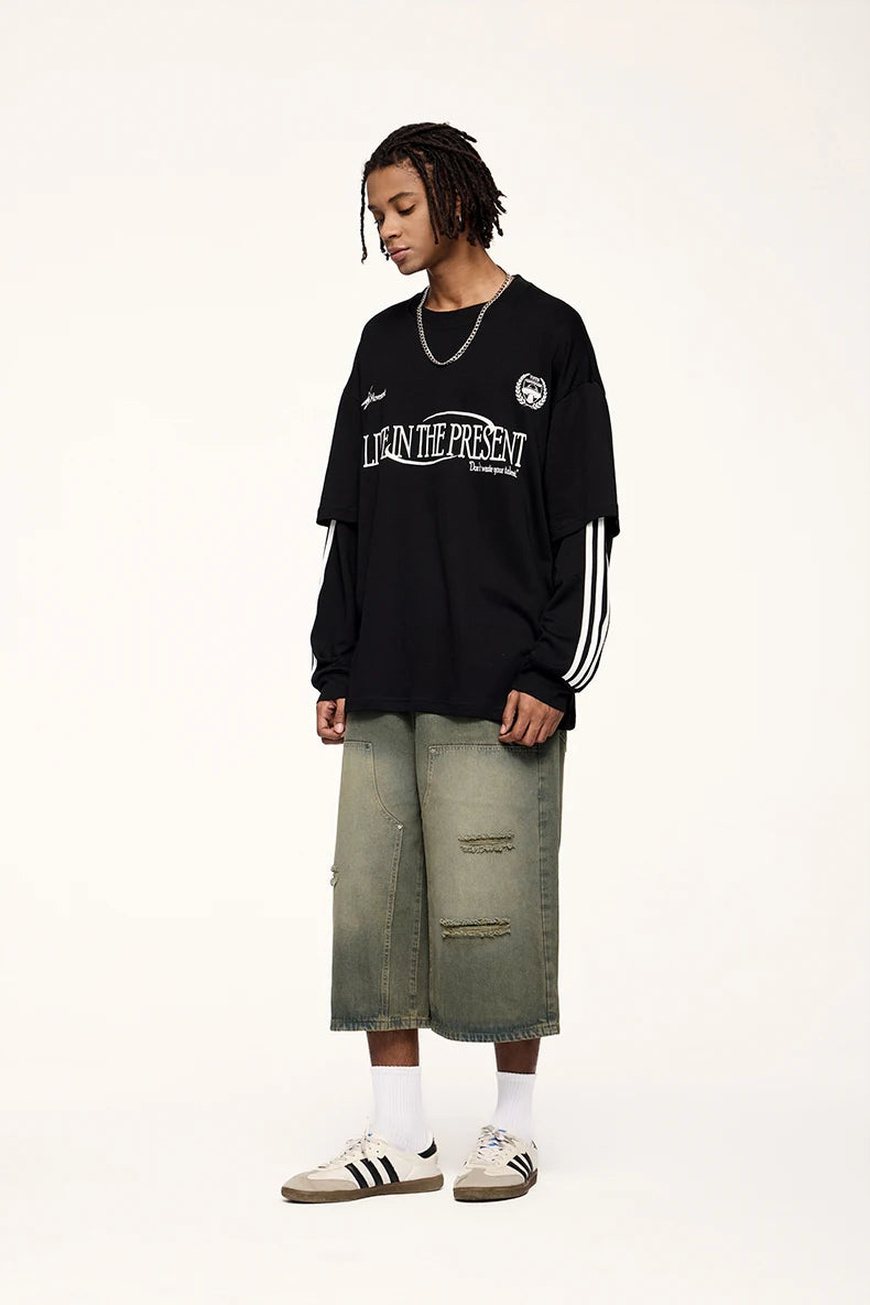 Unisex Retro Double Layer Streetwear Hip Hop Oversized Long Sleeve Sportswear T-Shirt