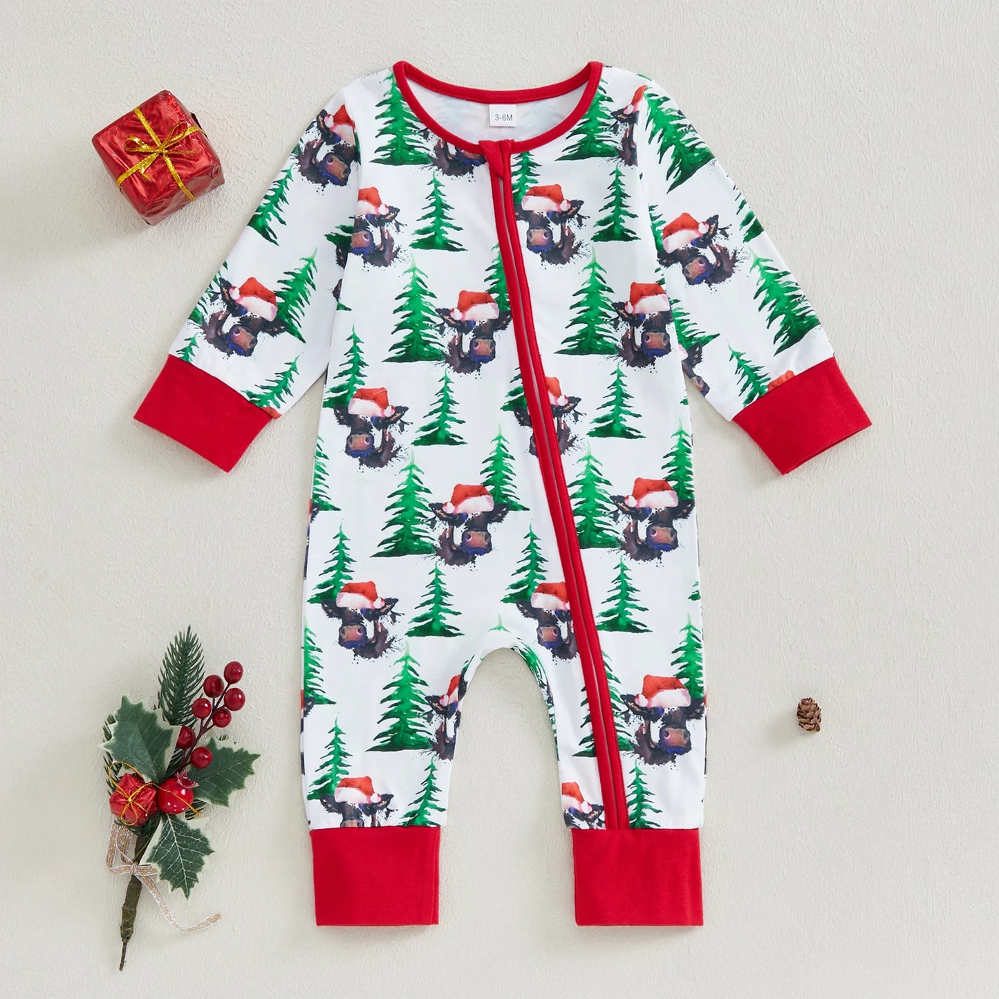 0-12M Baby Girls Boys Christmas Rompers Cow Print Long Sleeve Zipper Jumpsuits