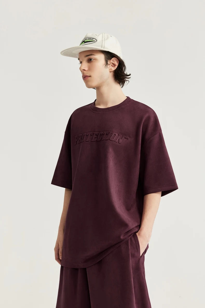 Unisex Oversized Suede Fabric Embossed T-shirts and Shorts Set