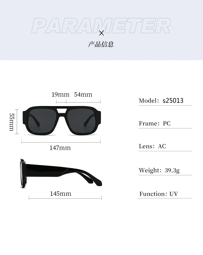 Unisex 1/4 Set Retro Large Frame Double Bridges Square Sunglasses