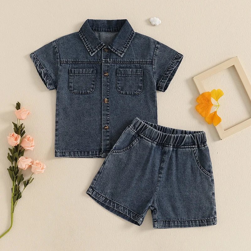 2-6Y  Kids Boys Girls Summer Denim Clothes Sets Short Sleeve Button-down Shirt with Elastic Waist Shorts