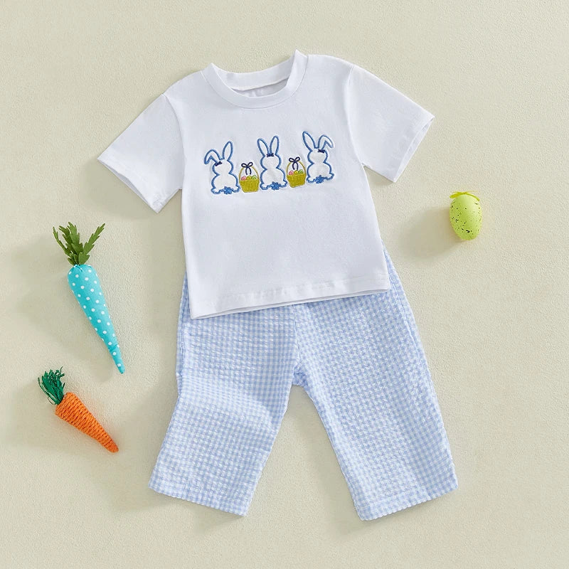 0-4Y Toddler Kids Boys Easter Clothes Sets Short Sleeve Rabbit Embroidery T Shirts Plaid/Striped Pants Set