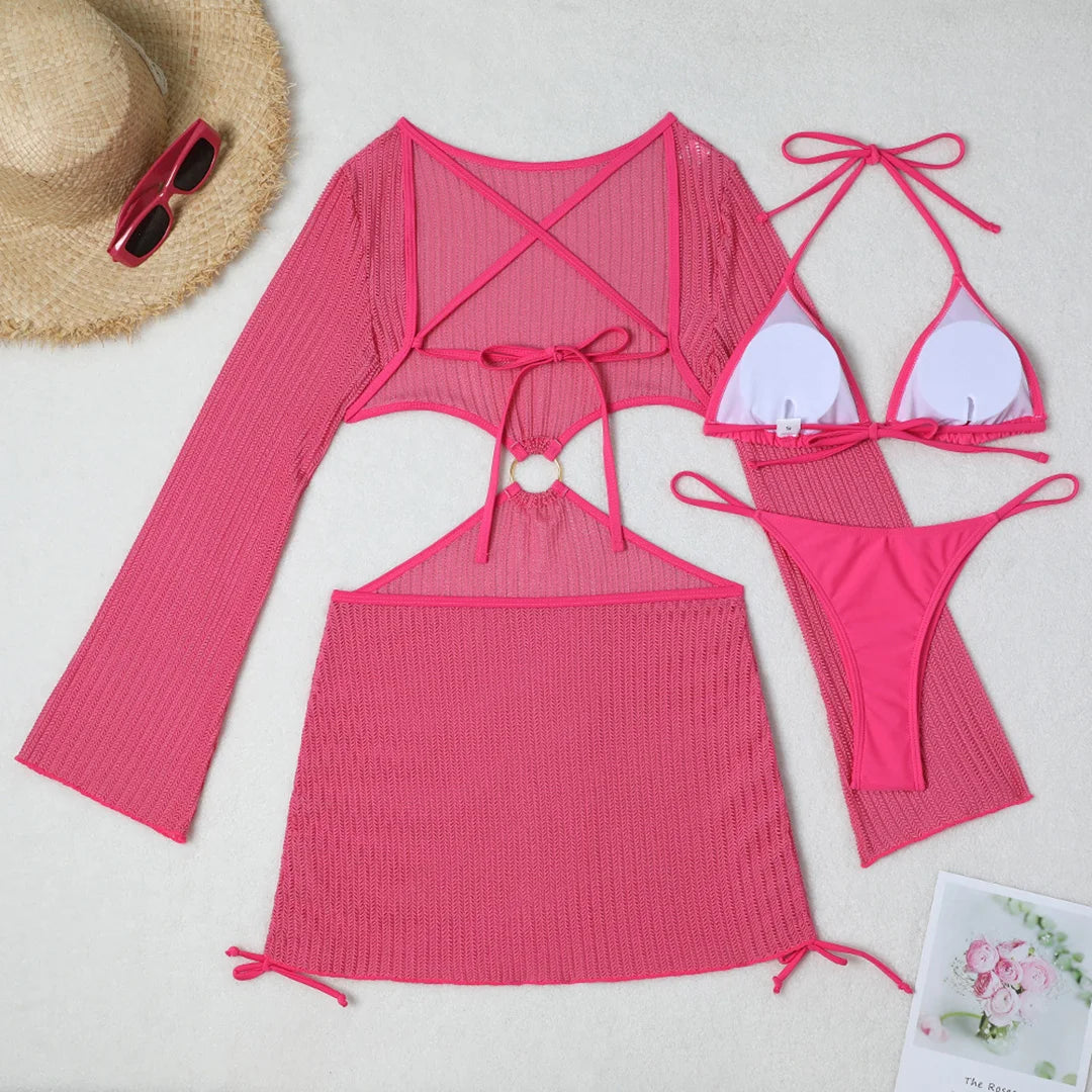 Women's Halter Bikini Set with Long Sleeve Cover-Up | Three-Piece Wire-Free Padded Swimwear