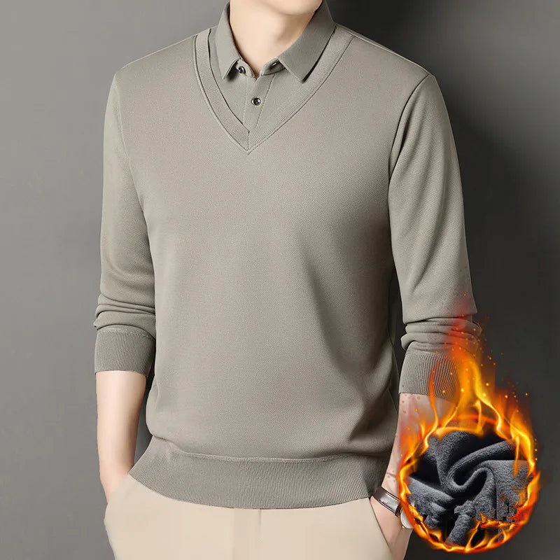 Men's Fleece Knit T-Shirt - Fake Two-Piece Smart Casual Tee for Autumn Winter