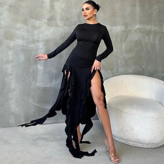 Women's Long Sleeve Split Maxi Dress - Fringe Ruffle  Dress