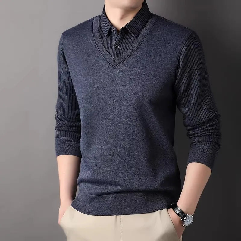 Men's Winter Fleece Knit Sweater - Smart Casual Layered Collar Pullover