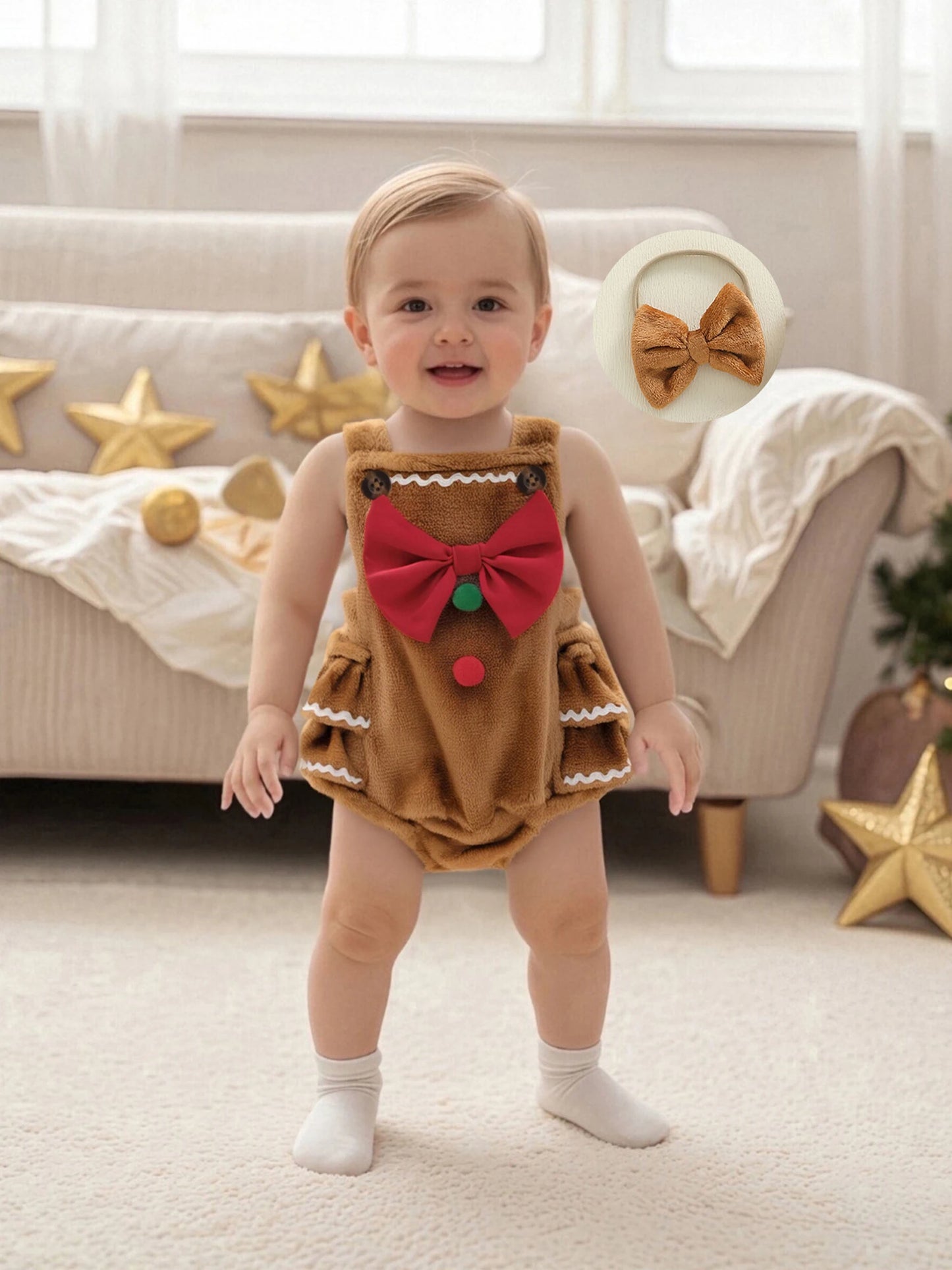 Baby Girls' Christmas Romper Outfit - Gingerbread Man Sleeveless Jumpsuit with Hairband