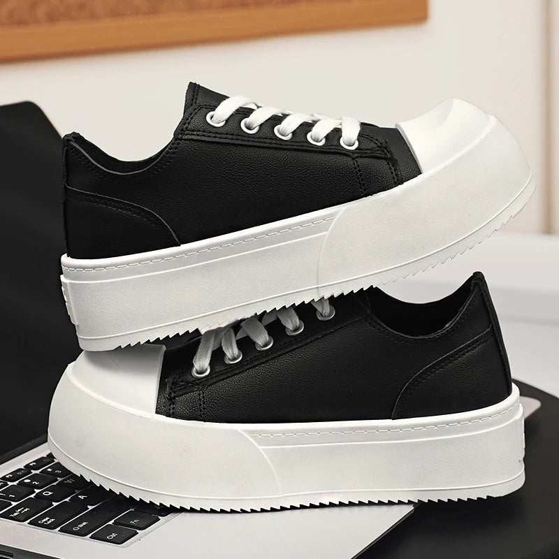 Men's Leather Platform Sneakers - Vulcanized Tennis Sports Shoes