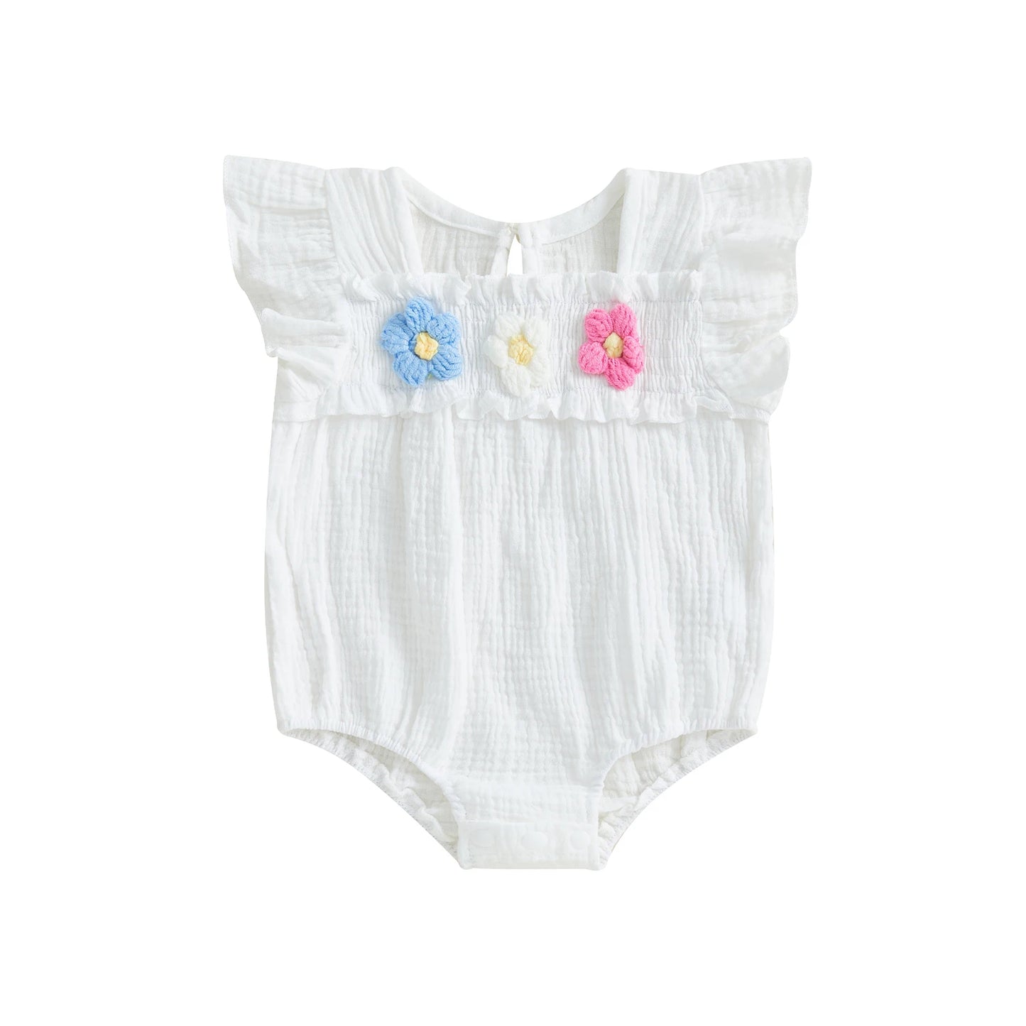 Newborn Baby Girls Flower Embroidery Romper - Smocked Flying Sleeve Jumpsuit (0-12M)