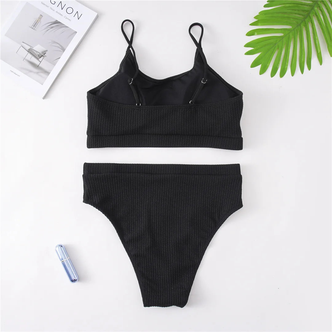 Ribbed Bikini Set - High Waist Two Piece Swimsuit