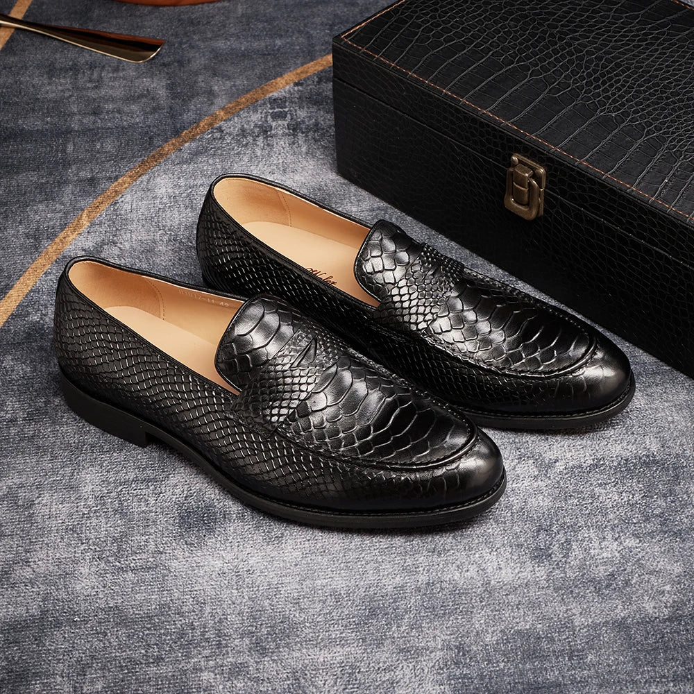 Men's Genuine Leather Snake Pattern Loafers – Pointed Slip-On Dress Shoes
