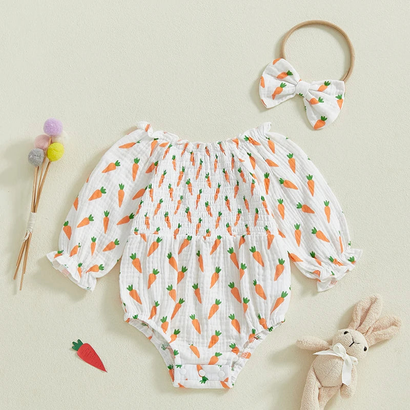 Baby Girls Easter Romper Set - Carrot Print Long Sleeve Jumpsuit with Bow Headband