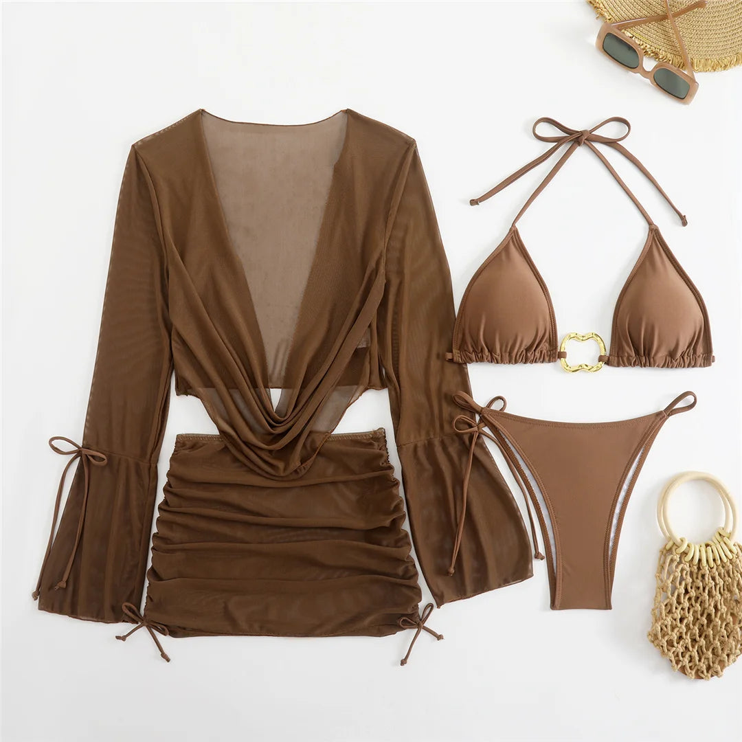 Women's Long Sleeve Cover Up Skirt Halter Bikini Swimsuit Swimwear Four-pieces Bikini Set