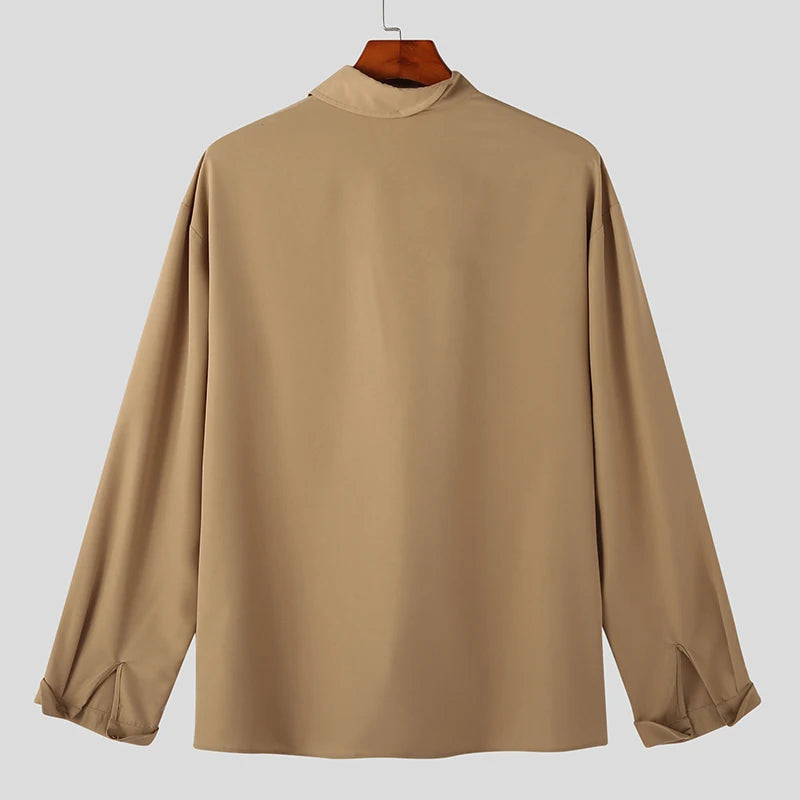 Men's Irregular Shirt Solid Colour Stand Collar Loose Long Sleeve Shirt