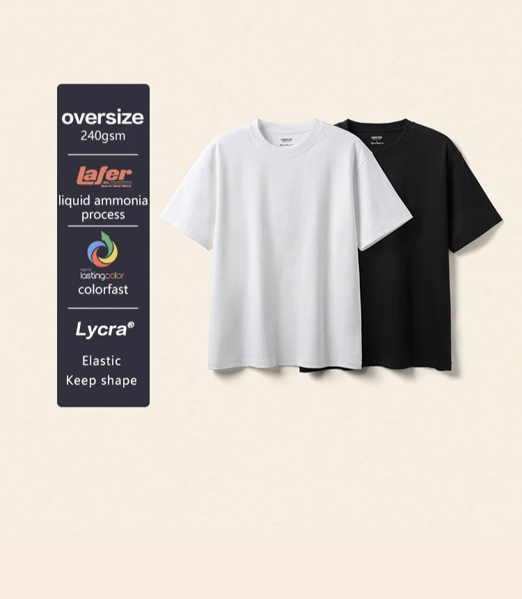 Two t-shirts, one white and one black, with a SIMWOOD label and a fabric specification card on a beige background.