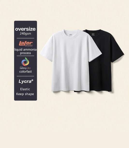 Two t-shirts, one white and one black, with a SIMWOOD label and a fabric specification card on a beige background.