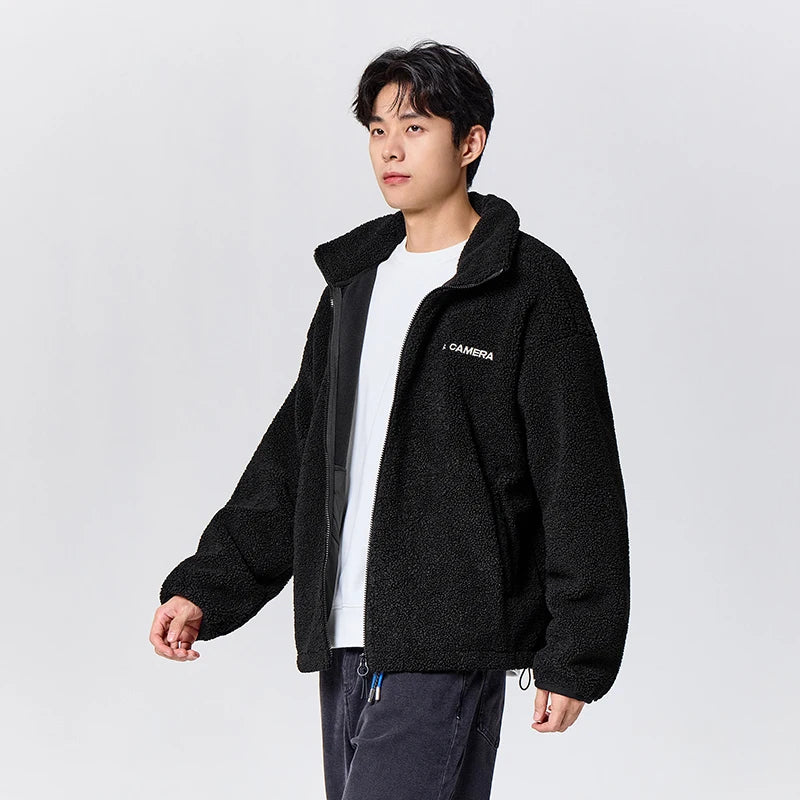 Men's Loose Fit Fleece Jacket - Plush Embroidered Stand Collar Winter Coat
