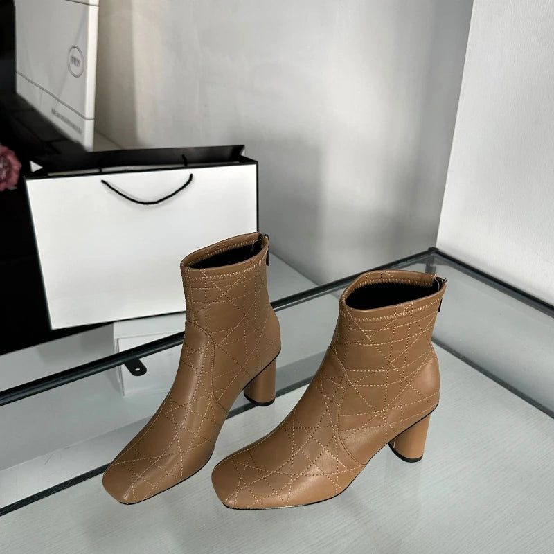 Retro Checkered Ankle Boots - Round Heel with Back Zipper