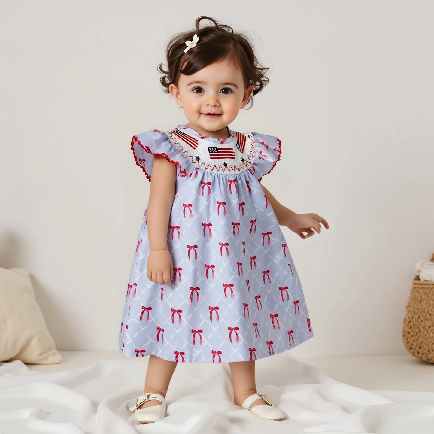 Kids Girls Dress 0-5Y USA Flag Embroidery Dot/Plaid Print Short Sleeve A-Line Dress
