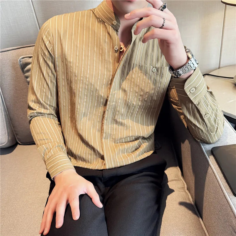 Men's Striped Stand Collar Long Sleeve Single Breasted Shirt