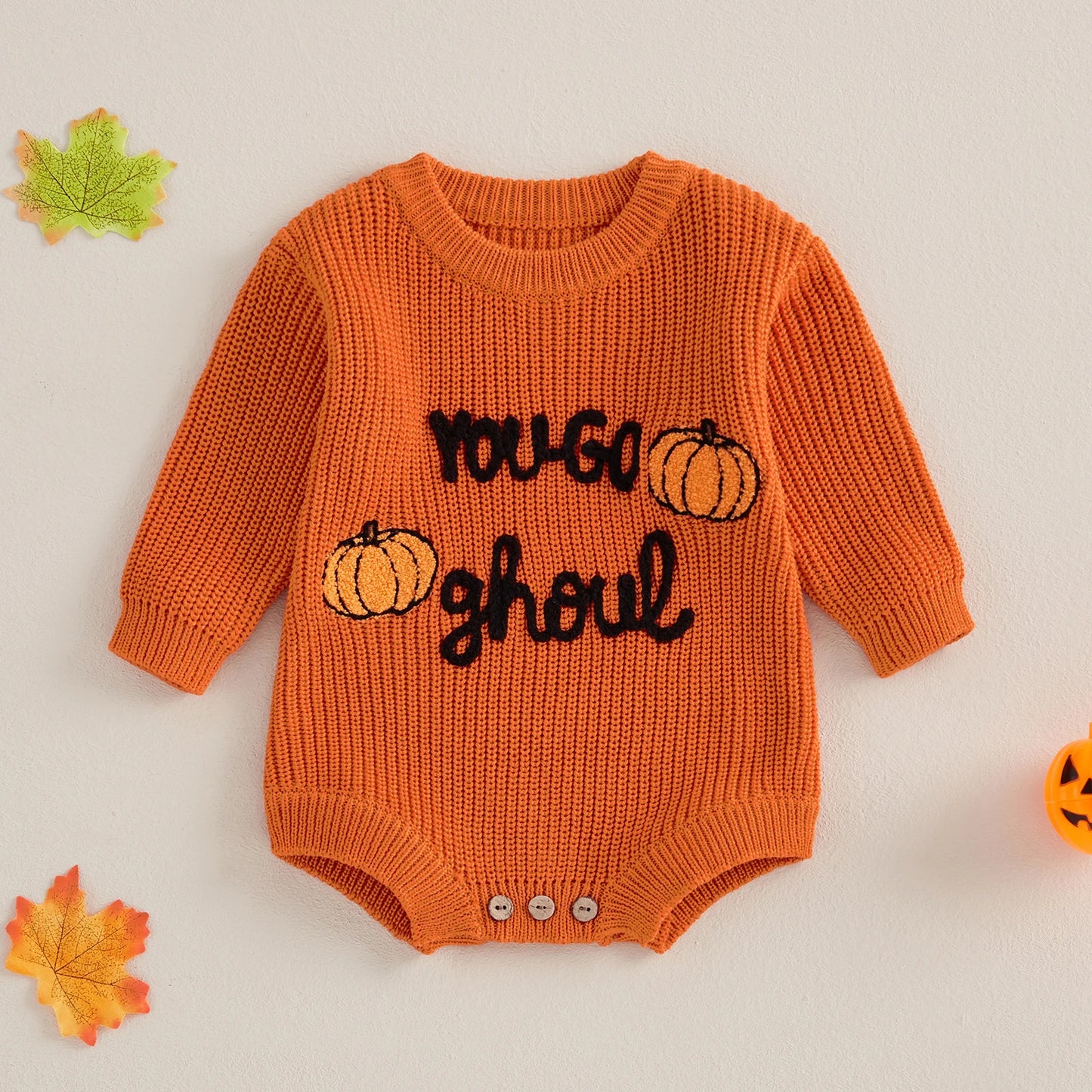 0-12M Baby Girls Boys Halloween Sweater - Romper Letter Ghost Embroidery Crew Neck Long Sleeve Jumpsuit