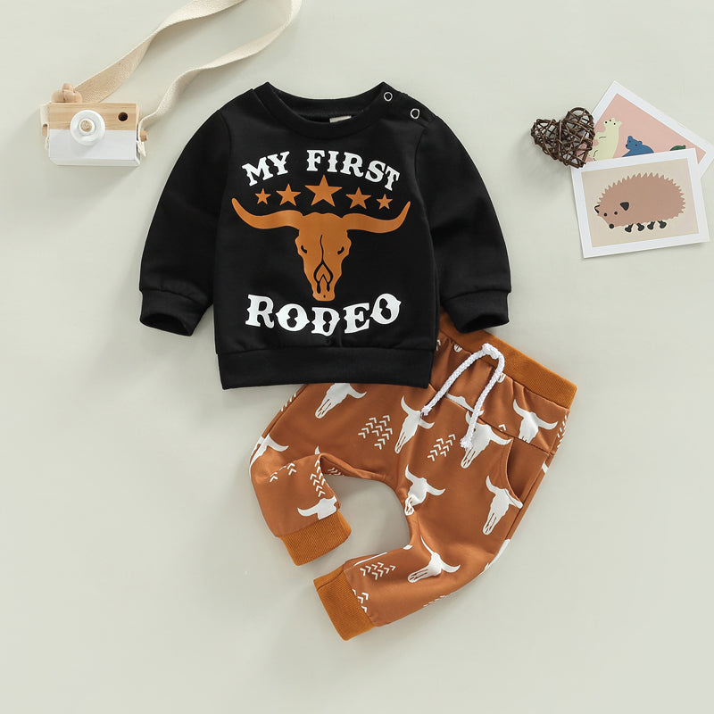 0-24M Baby Boys Clothes Set - 2pcs Letter Cattle Head Print Long Sleeve Sweatshirts Tops and Elastic Waist Long Pants Set