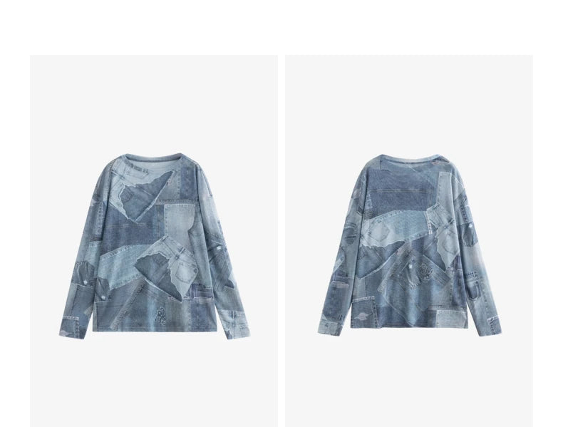 Women's Long Sleeve Denim Printed Round Neck See-through Undercover Skin T Shirt