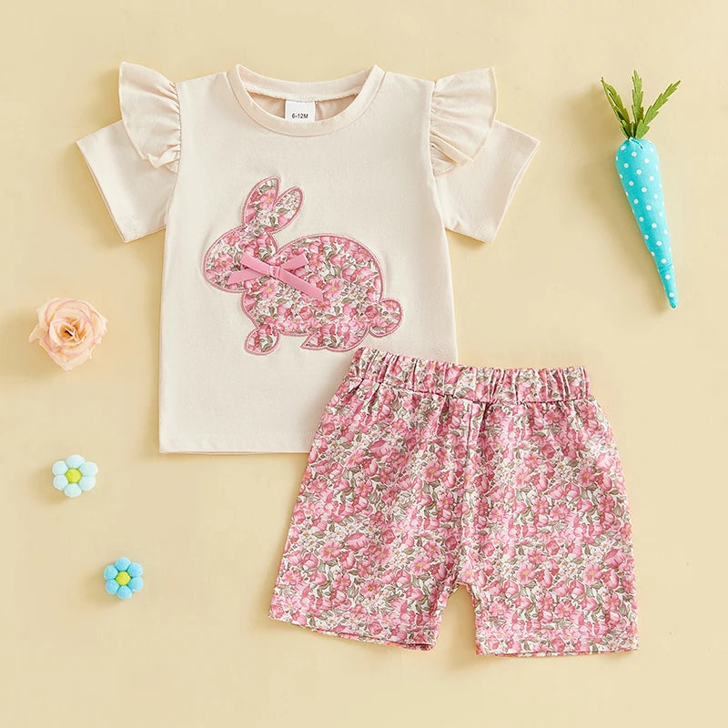 0-4Y Kids Girls Easter Clothes Set Rabbit Floral Print Short Sleeve Ruffled Tops Elastic Waistband Shorts