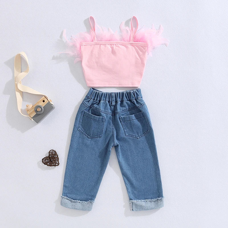 Girls Clothes Sets 1-6Y Ruffles Fur Feather Sleeveless Camisole Tops and High Waist Denim Pants 2pcs