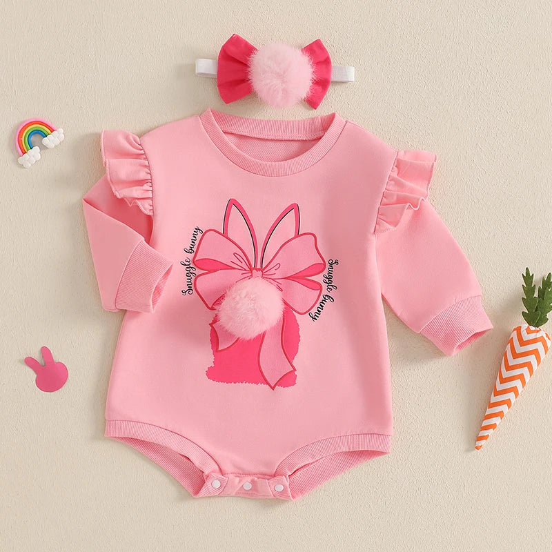 0-24M Baby Girls Easter Spring Romper Long Sleeve Rabbit Bow Print Jumpsuits with Headband