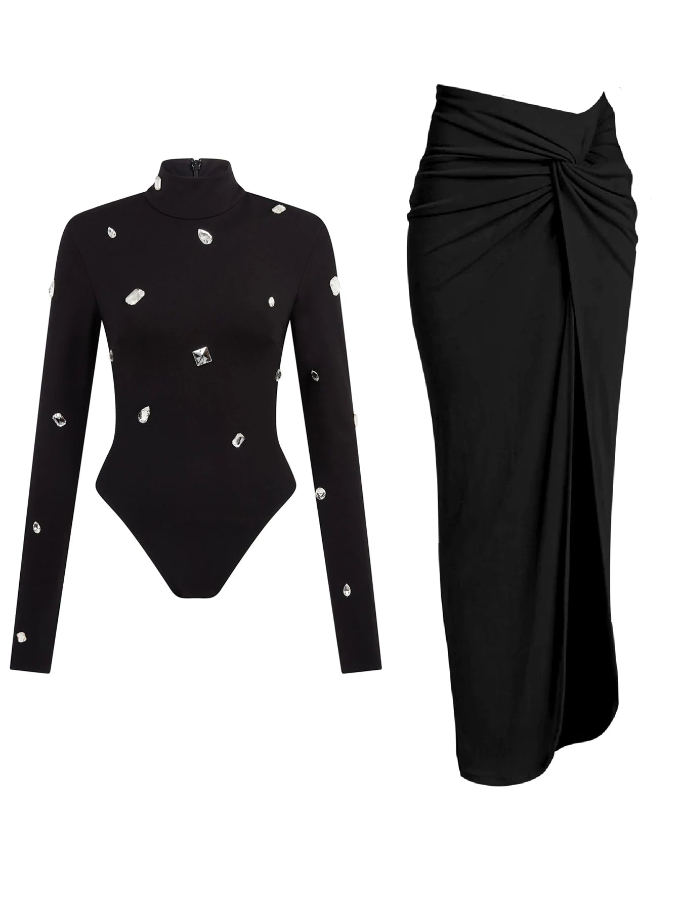 Women's 3-Piece Rhinestone Swimwear Set - Long Sleeve with Slit Skirt